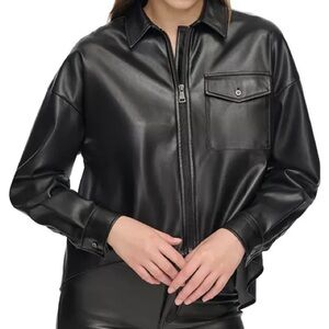 DKNY Jeans Women's Zip-Front Faux-Leather Long-Sleeve Shirt